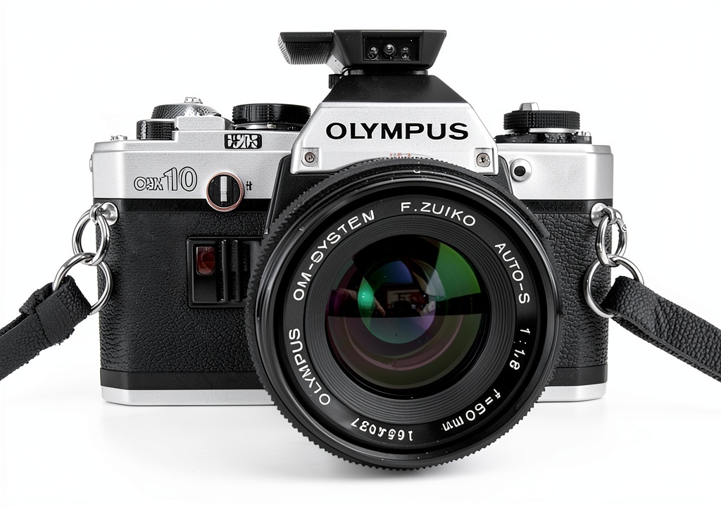 Olympus OM10 SLR Film Camera with hot shoe flash mounted on a wooden desk